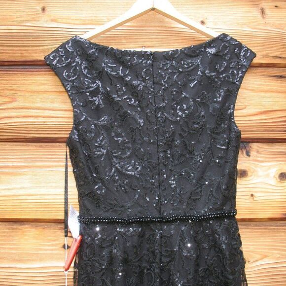 NWT Mac Duggal  Sequin Cap Sleeve V Neck Dress Black - Picture 12 of 16
